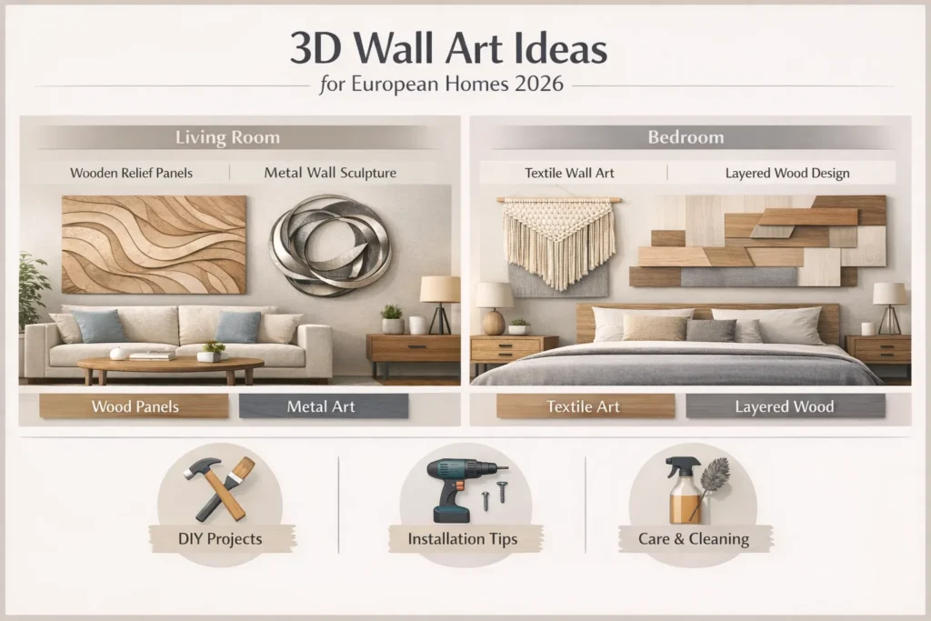 Infographic of 3D wall art ideas for European homes in 2026, showing wood, metal, acrylic, and textile designs for living rooms, bedrooms, offices, and hallways with styling and DIY tips.