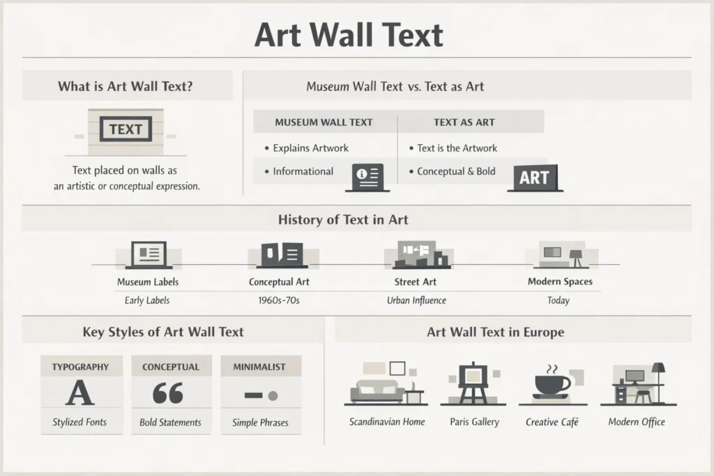 Art wall text infographic showing meaning, history, styles, and how text becomes art in modern European interiors and museums