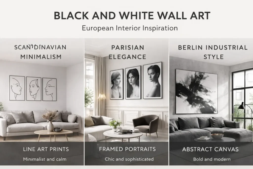 Black and White Wall Art infographic showing Scandinavian, Parisian, and Berlin interior styles with modern monochrome décor inspiration.