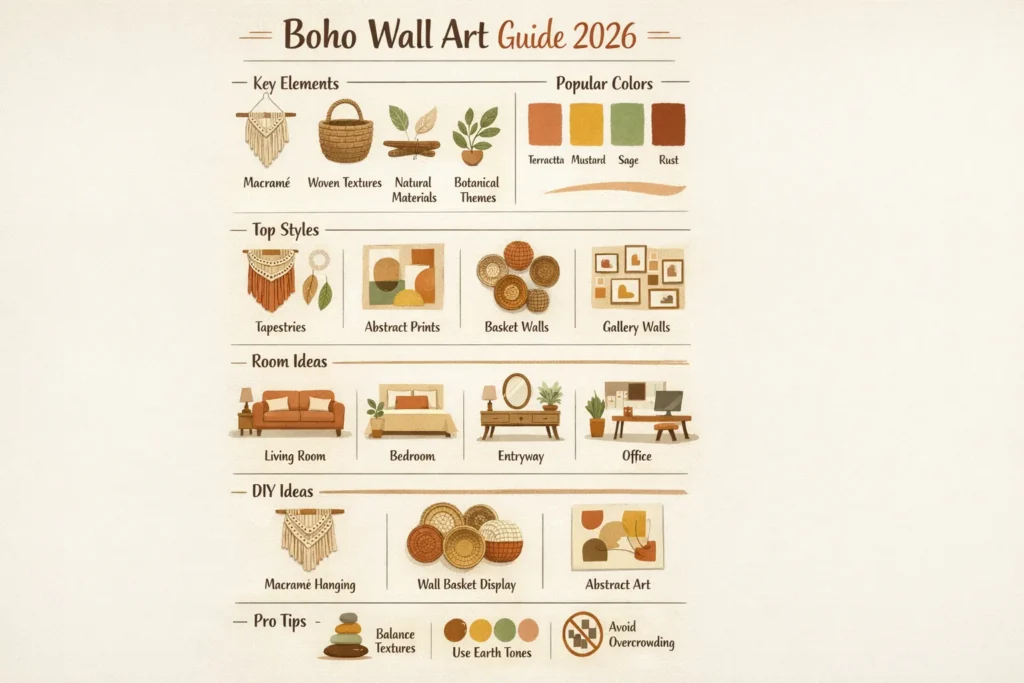 Boho wall art infographic showing European design styles, textures, colors, DIY ideas, and gallery wall inspiration for modern home interiors in 2026.