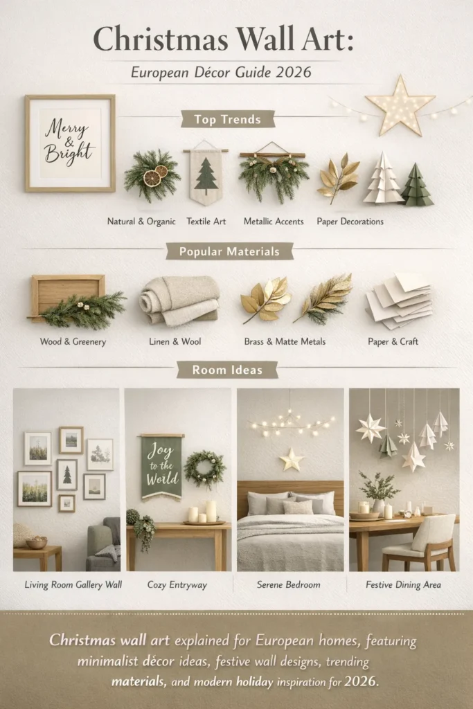 Christmas wall art infographic showing European holiday décor ideas, minimalist wall designs, festive typography, botanical wall art, and modern Christmas trends for homes in 2026