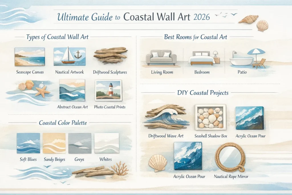 Infographic showing types of coastal wall art, best rooms for each style, color palette suggestions, and DIY projects for seaside-inspired European interiors in 2026.