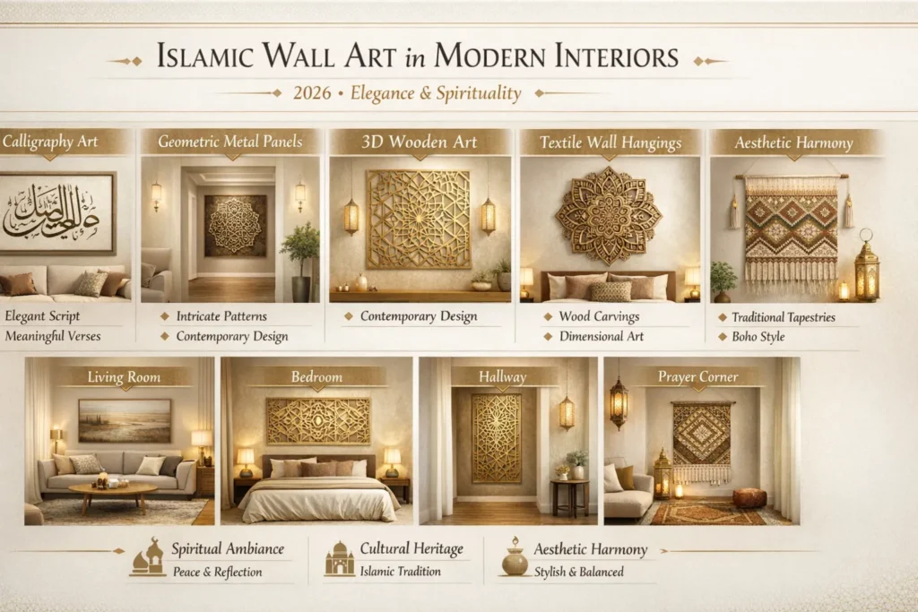 Infographic showing modern Islamic wall art styles in European interiors, including calligraphy, geometric panels, and 3D wooden designs, with room placement ideas and benefits of spiritual and aesthetic harmony in 2026.