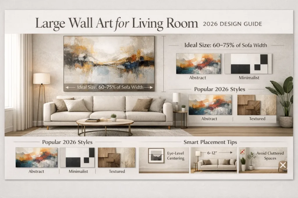 Large wall art for living room infographic showing ideal size, placement tips, and 2026 design trends in a modern European interior