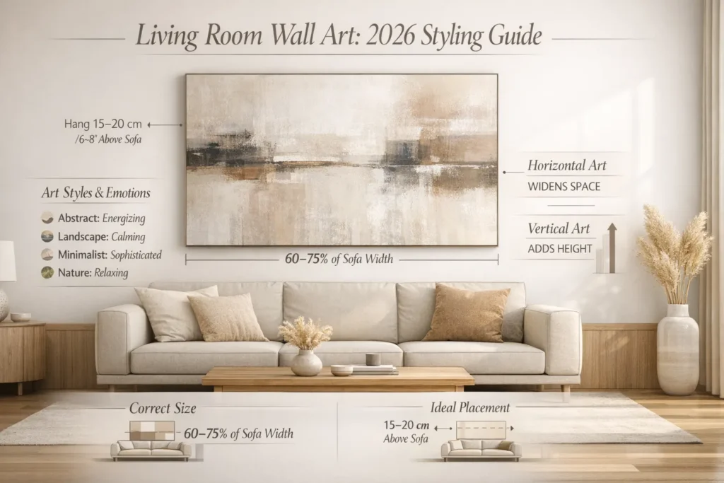 Modern living room with oversized wall art placed above a neutral sofa showing ideal size, placement, and styling principles for 2026 interior design.
