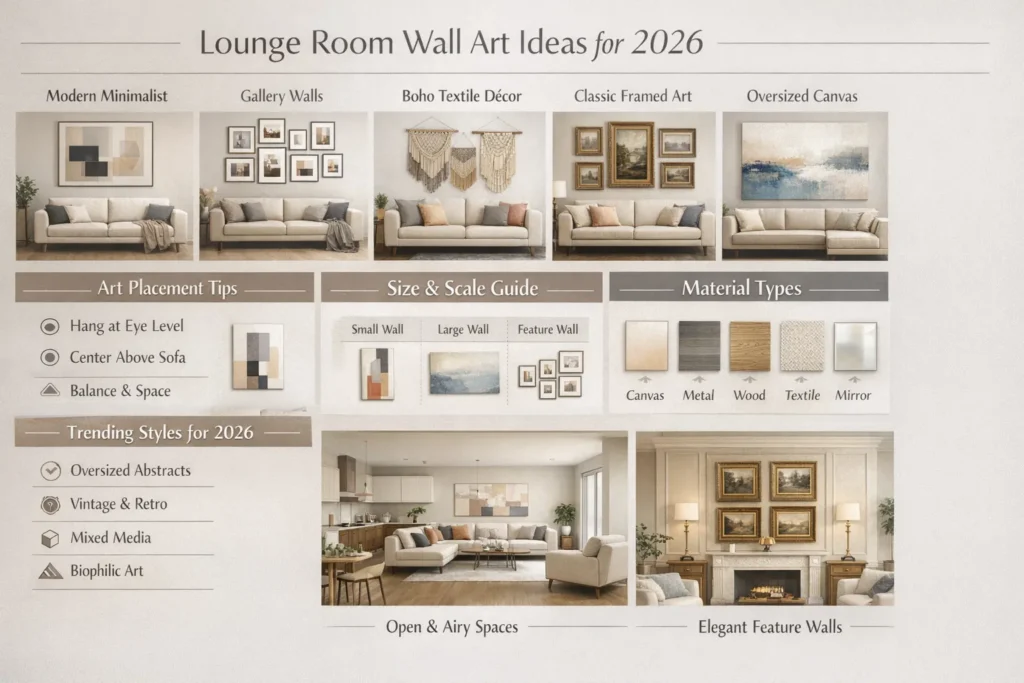 Lounge room wall art infographic showing modern European styles, placement tips, size guide and 2026 wall décor trends for stylish living spaces.