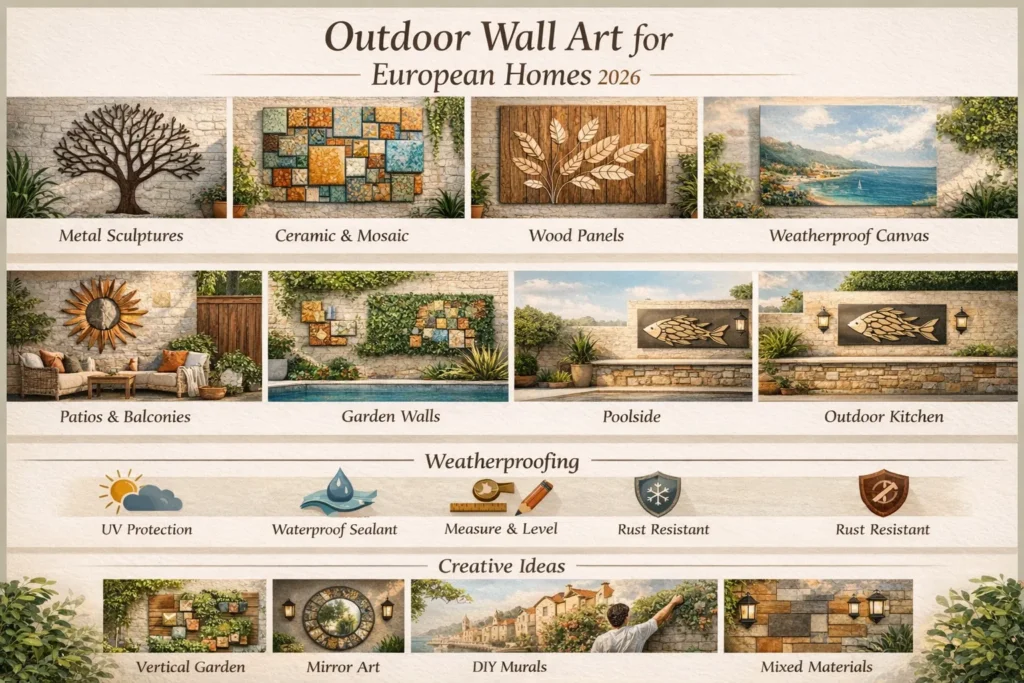 Infographic of outdoor wall art ideas for European homes in 2026, showing metal, ceramic, wood, and canvas art for patios, gardens, balconies, and pool areas with weatherproofing and installation tips."