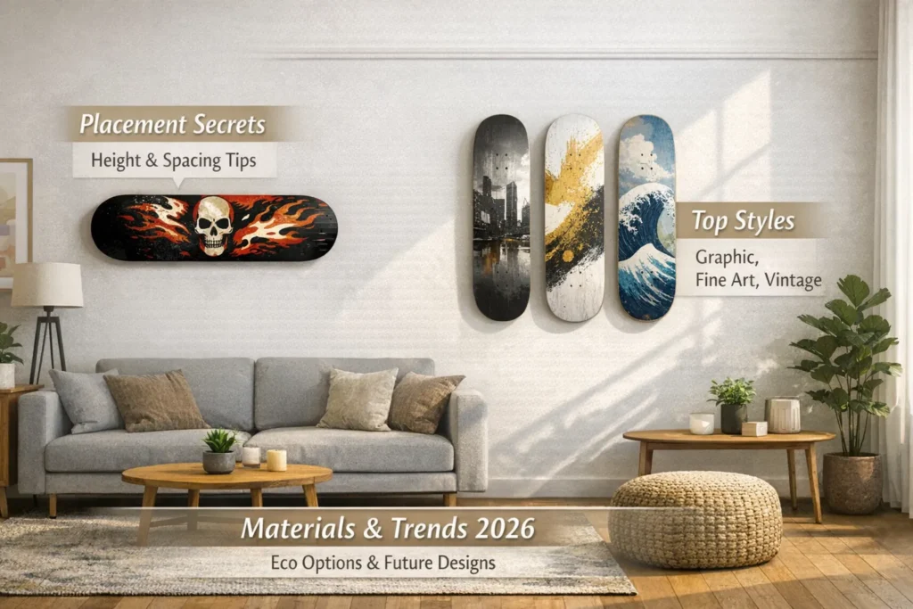Infographic of a modern European living room with skateboard wall art above a sofa, showcasing placement, styles, and 2026 interior design trends.