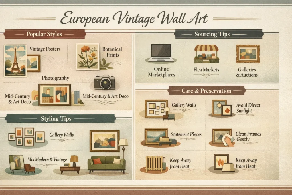 Infographic illustrating European vintage wall art styles, sourcing locations, styling ideas, and care tips for timeless home décor.