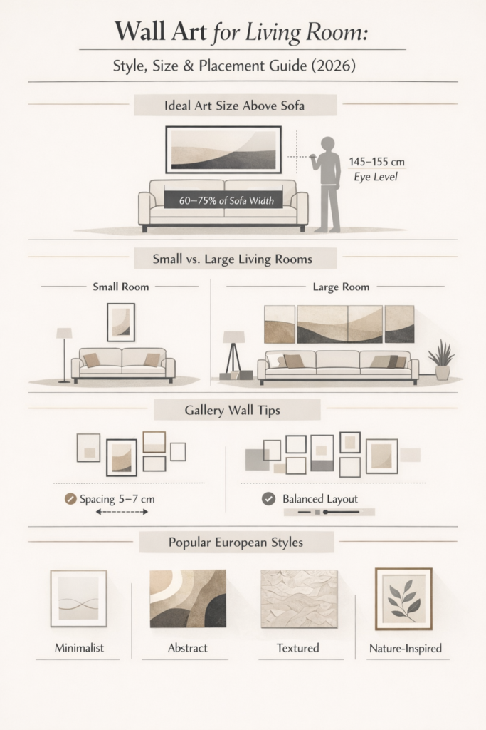 Infographic showing European wall art for living room guide with correct art size, placement height, gallery wall spacing, and modern 2026 interior design trends.