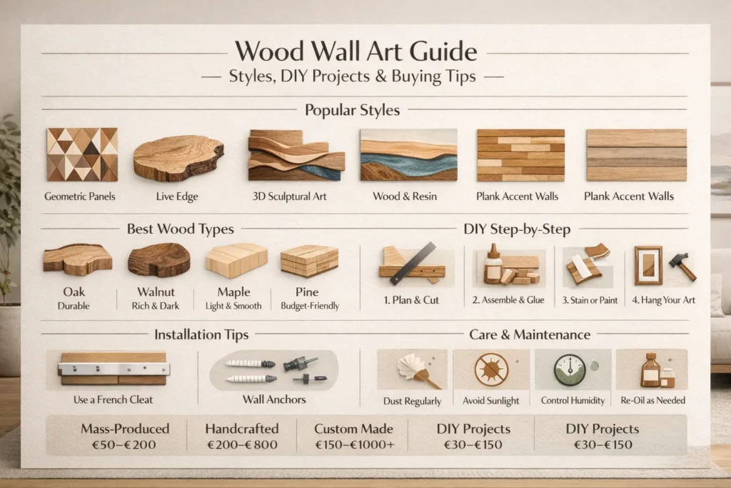 Wood wall art guide infographic showing styles, DIY projects, wood types, installation tips, care advice, and pricing for European homes.