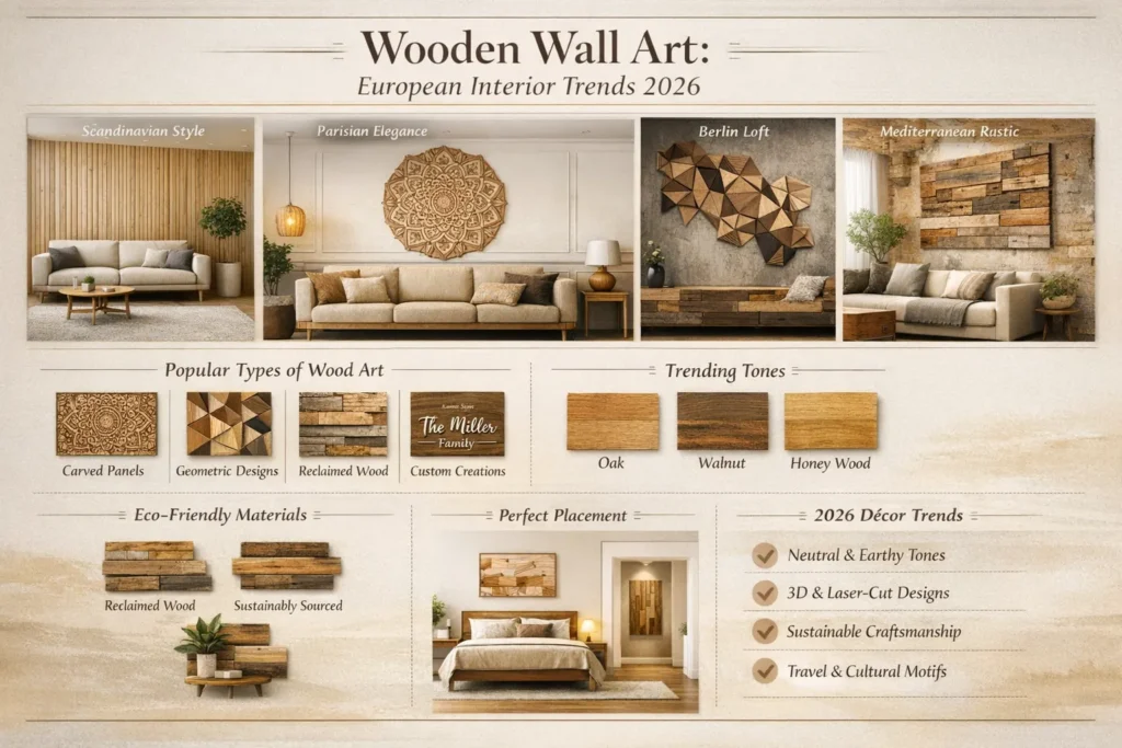 Wooden wall art infographic showing European interior trends, modern designs, sustainable materials, and stylish placement ideas for 2026