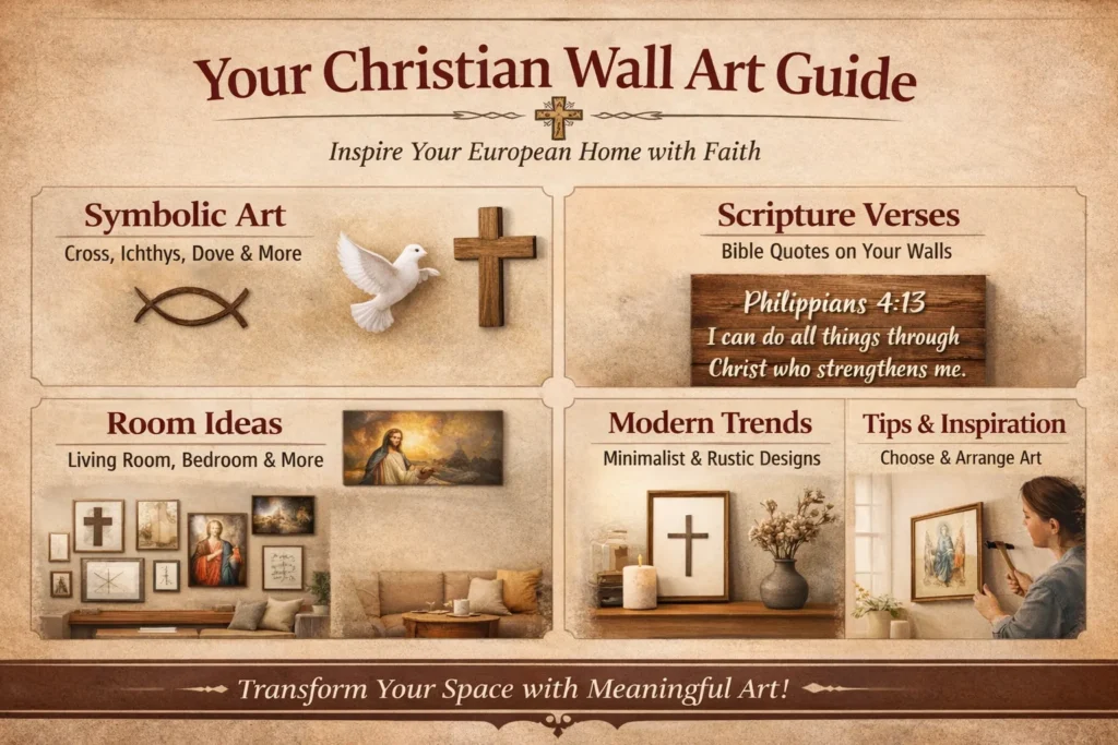 Christian wall art infographic showing symbols, Bible verse decor, room ideas, modern trends and gallery wall inspiration for European homes