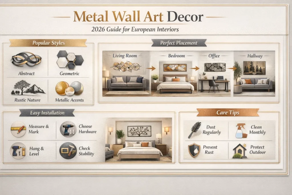 Infographic showing metal wall art decor styles, room placement tips, installation steps, and care advice for European interiors in 2026.
