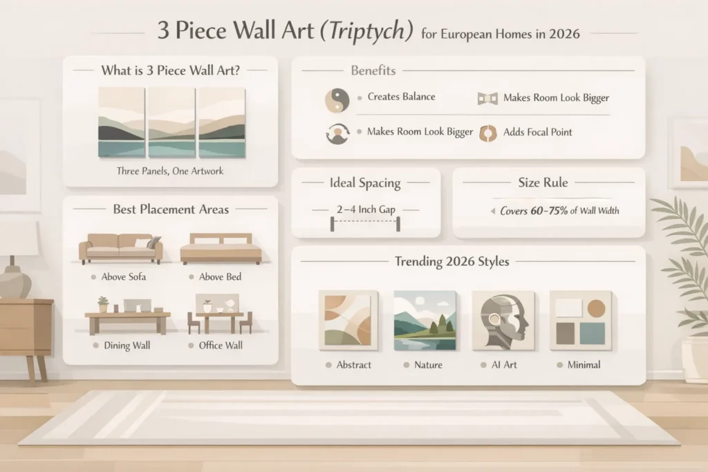 3 piece wall art triptych infographic showing placement tips, spacing rules, size guide, and 2026 design trends for modern European homes