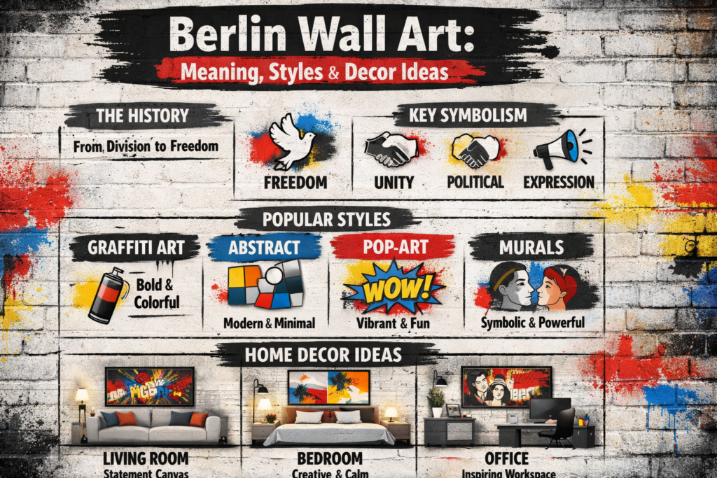 Berlin Wall art infographic showing meaning, graffiti styles, symbolism, and modern home decor ideas for stylish European interiors.
