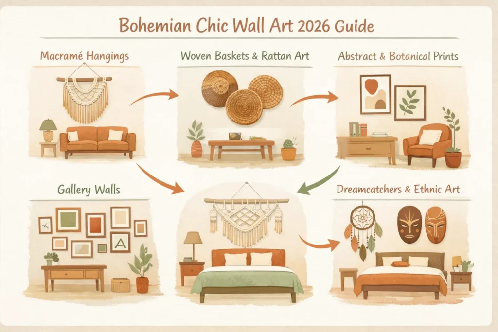 Infographic of Bohemian Chic Wall Art styles for 2026, including macramé, woven baskets, abstract prints, gallery walls, and dreamcatchers, with room placement tips for European homes.