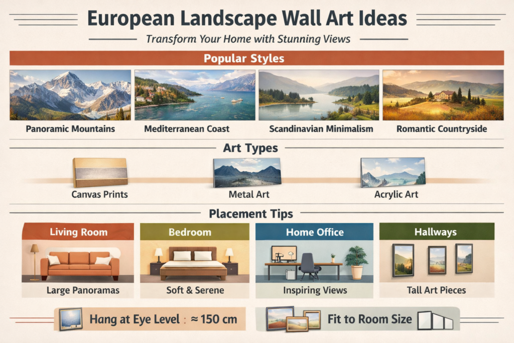 Infographic displaying European landscape wall art styles, ideas, materials, and placement tips for living rooms, bedrooms, and home offices.