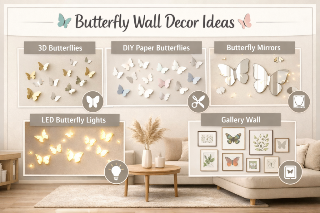 Butterfly wall decor infographic showing European living room ideas including 3D butterflies, DIY decor, mirrors, LED lights, and gallery wall inspiration
