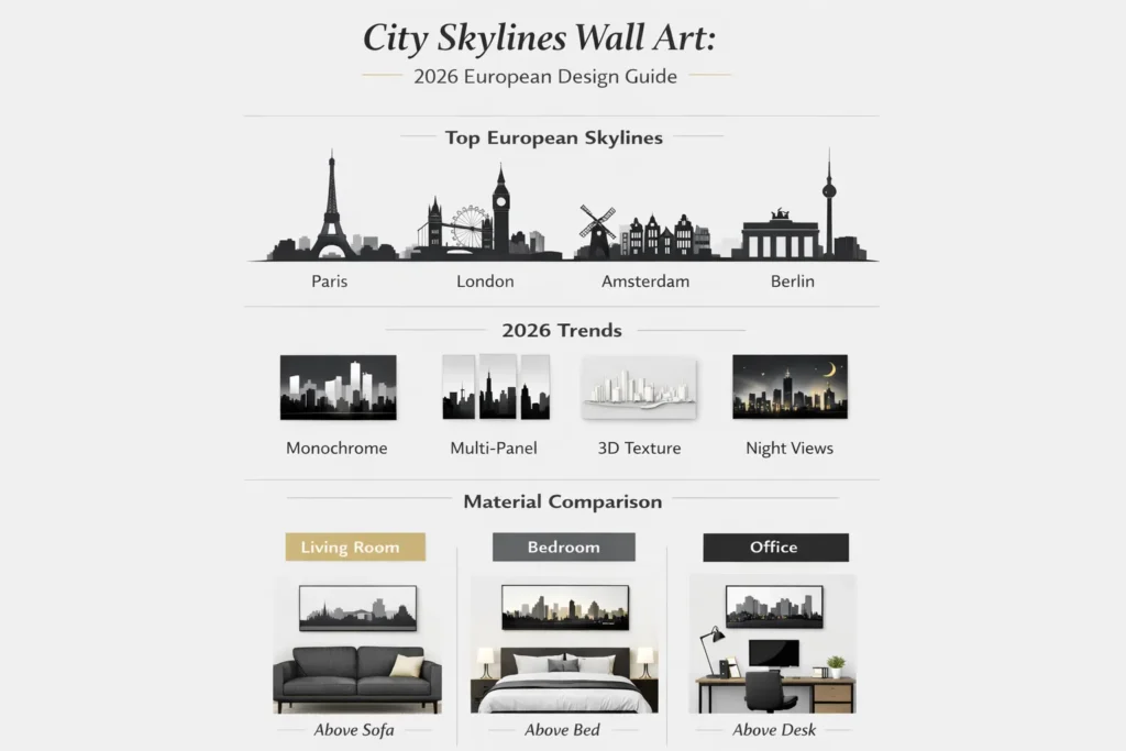 City Skylines Wall Art infographic showing 2026 European décor trends, skyline styles, material comparison, and placement tips for living rooms, bedrooms, and offices.