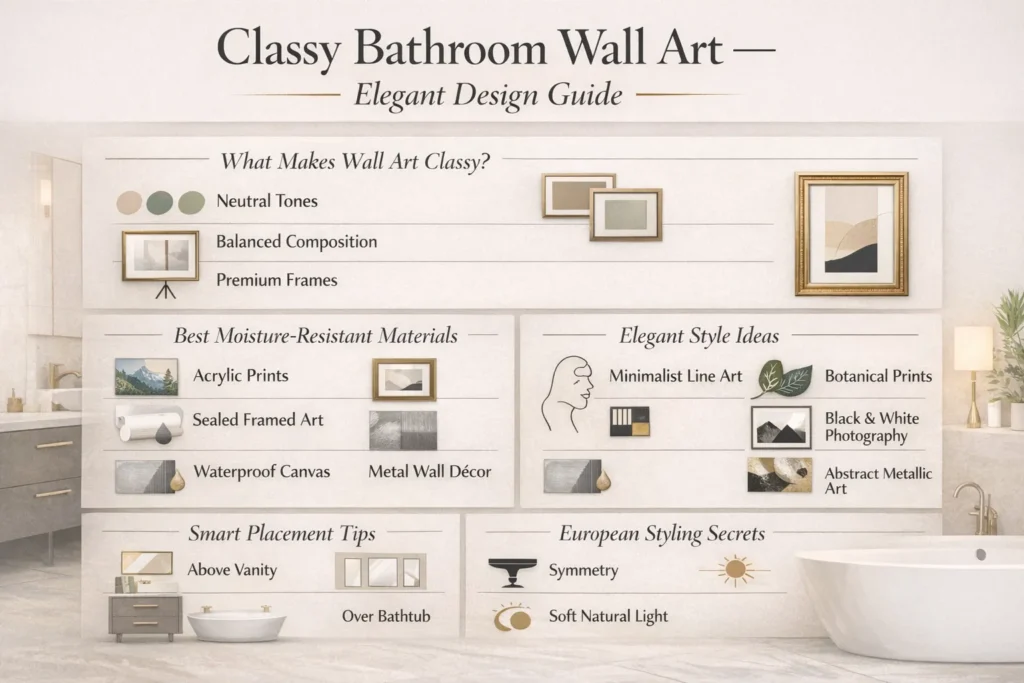 Infographic showing classy bathroom wall art ideas including moisture-resistant materials, elegant European styles, and smart placement tips for luxury bathrooms.
