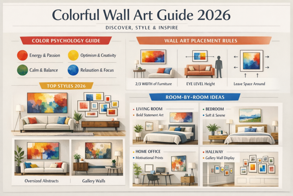 Colorful wall art infographic showing European design trends, color psychology, placement tips, and room-by-room styling ideas for modern interiors