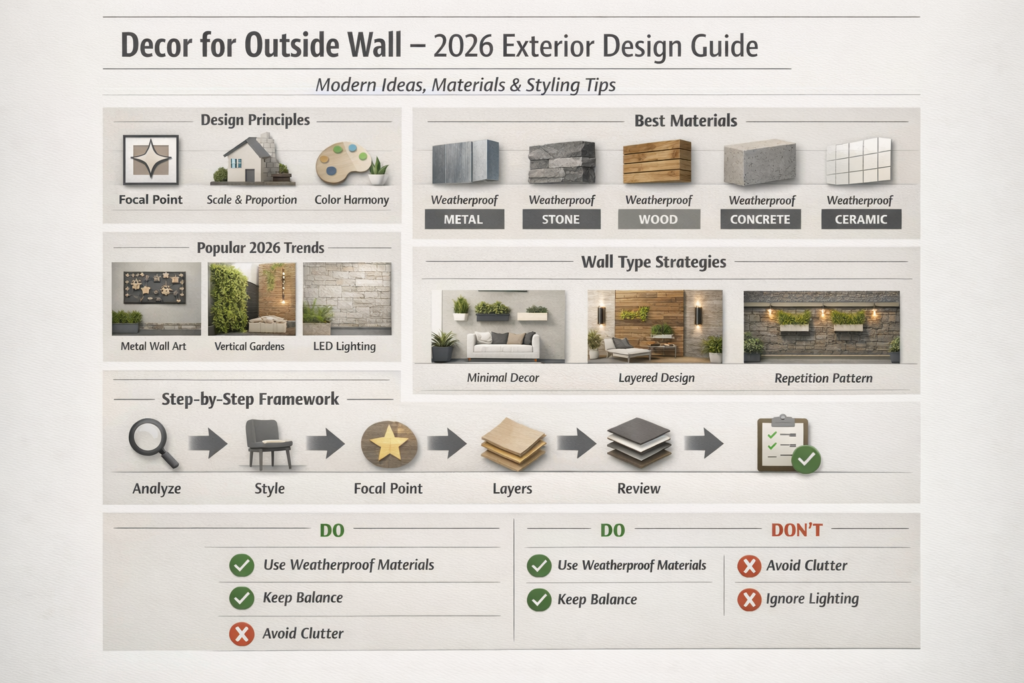 Decor for outside wall infographic showing 2026 exterior wall design ideas, weatherproof materials, lighting strategies, and modern European styling tips
