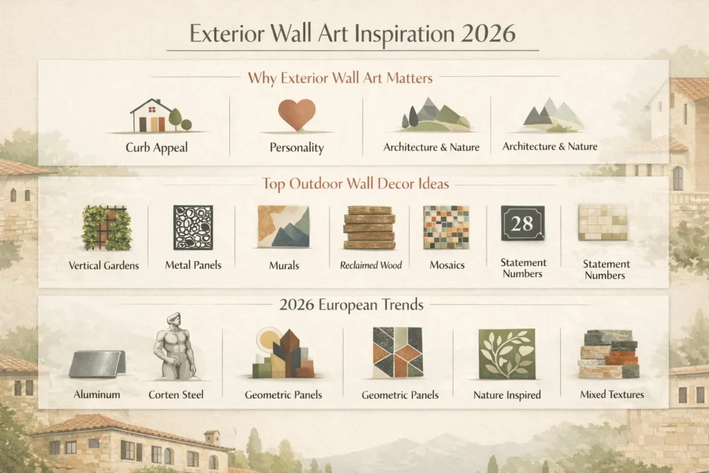Exterior wall art infographic showing outdoor wall decor ideas, weatherproof materials, and European design trends for 2026.