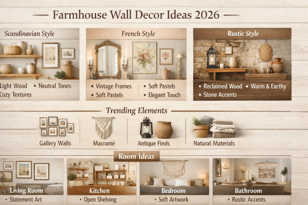 Farmhouse wall decor ideas 2026 infographic showing modern European rustic wall styles, textures, trends, and room-by-room design inspiration
