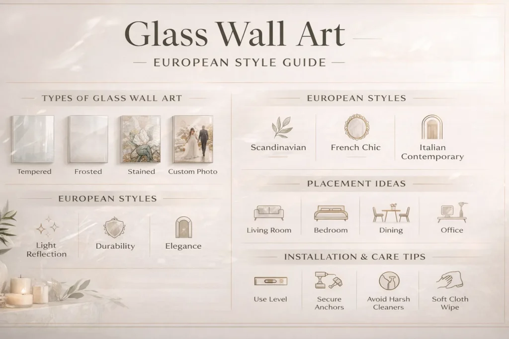 Glass wall art infographic showing European styles, tempered and frosted designs, placement ideas, and installation tips.

