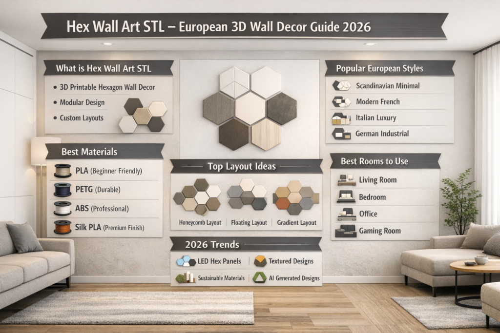 Hex Wall Art STL infographic showing European 3D printable hexagon wall decor ideas, layouts, materials, and modern 2026 trends
