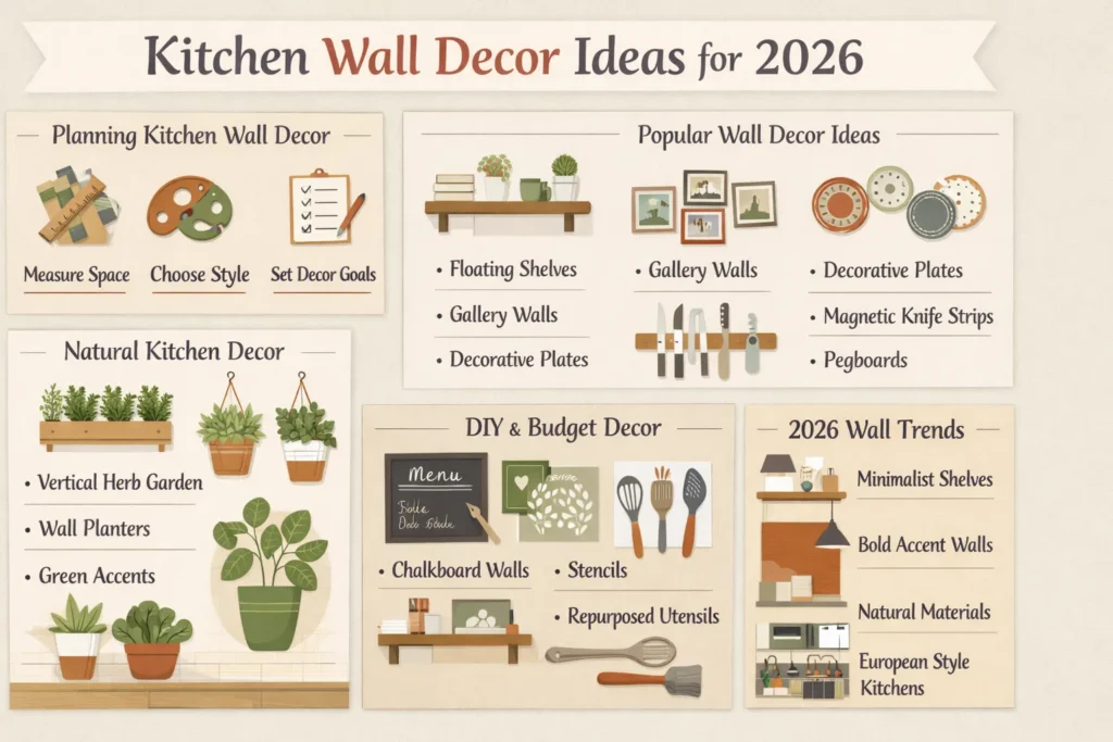 Kitchen wall decor infographic showing floating shelves, gallery walls, herb gardens, DIY decor ideas, and modern European kitchen wall trends for 2026.
