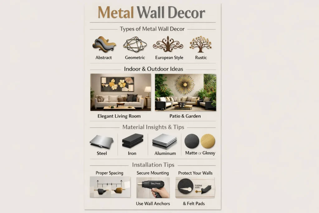 Infographic showing types, styles, indoor & outdoor ideas, materials, and installation tips for metal wall decor.