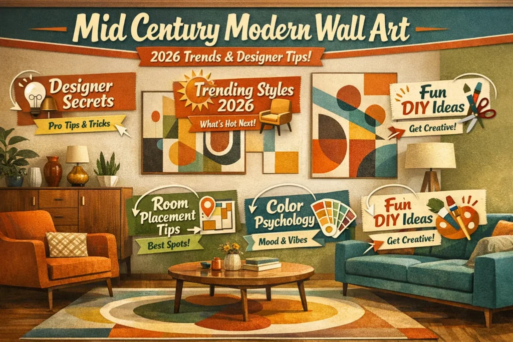 Infographic showcasing Mid Century Modern Wall Art ideas, trends for 2026, designer secrets, room placement tips, color psychology, and DIY inspiration.