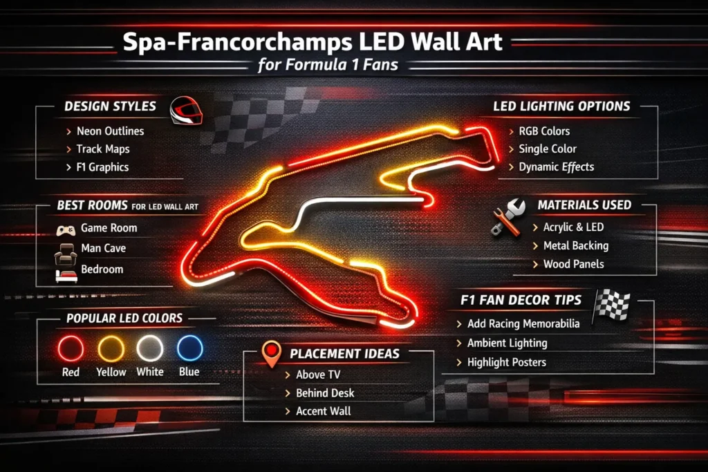 Spa-Francorchamps LED wall art infographic showing Formula 1 track design styles, LED lighting options, materials, and placement ideas for F1 fan decor.
