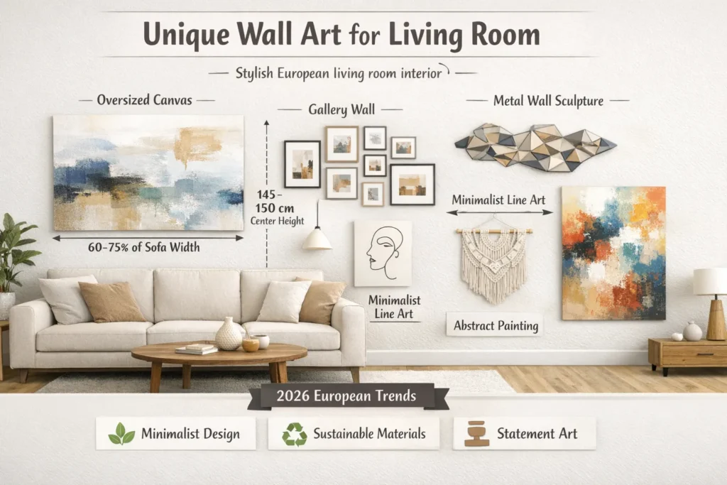 Unique wall art for living room infographic showing wall decor ideas, gallery walls, size rules, and European interior design trends for 2026.
