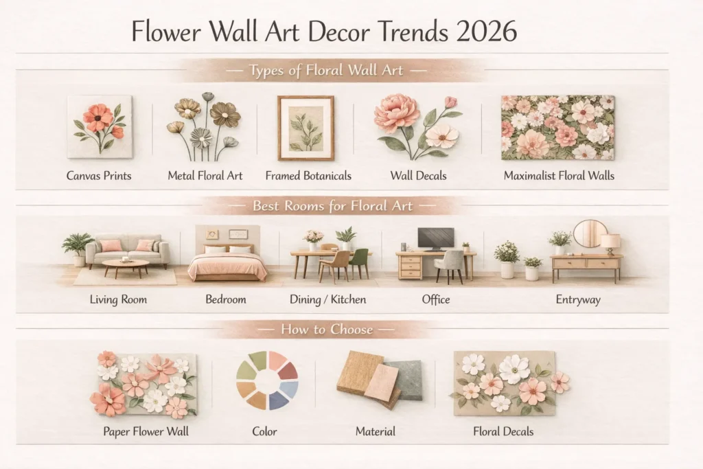 Flower wall art decor infographic showing 2026 trends, types of floral wall art, best room placement ideas, and DIY botanical wall decor inspiration.