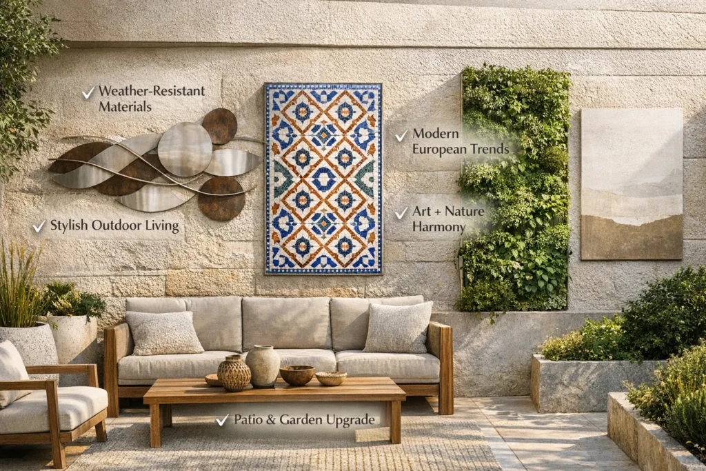 Modern European patio featuring exterior wall art including metal sculpture, mosaic panel, vertical garden, and outdoor canvas for stylish outdoor living in 2026.