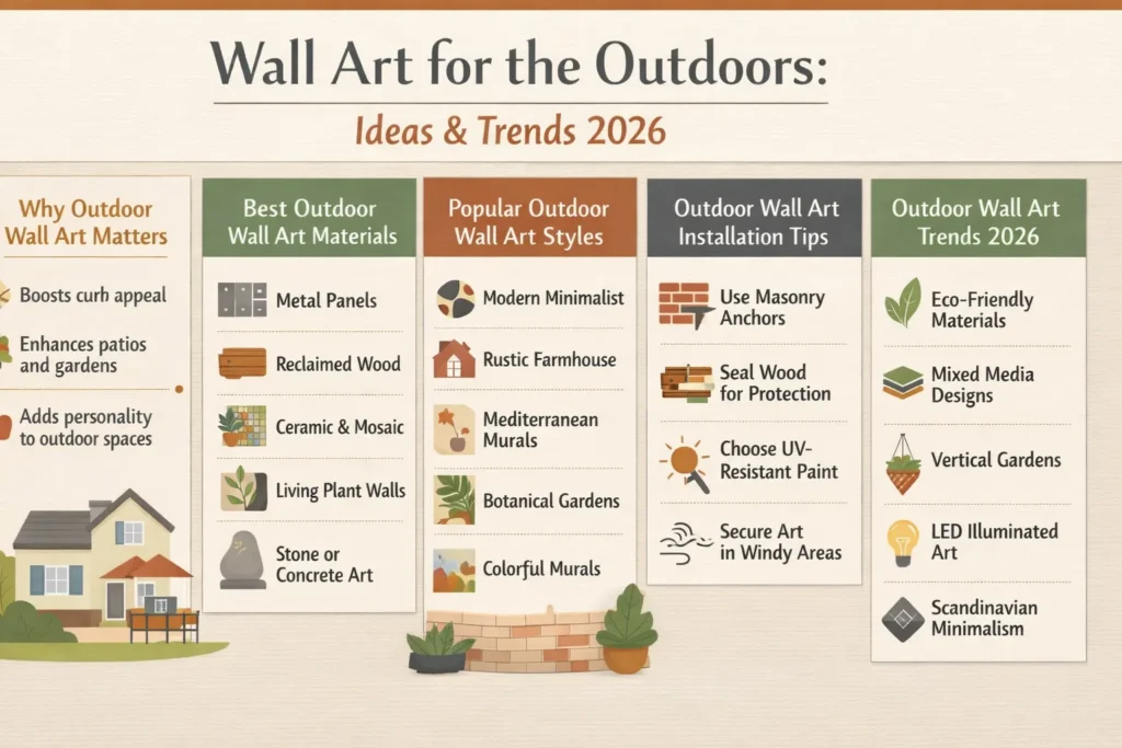 Wall art for the outdoors infographic showing European-inspired designs, materials, installation tips, and outdoor wall décor trends for patios and gardens in 2026.
