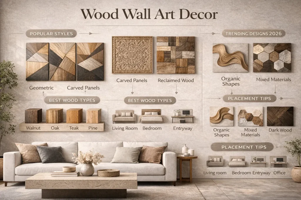  Wood wall art decor infographic showing popular wooden wall art styles, wood materials, and placement ideas in a modern European living room.