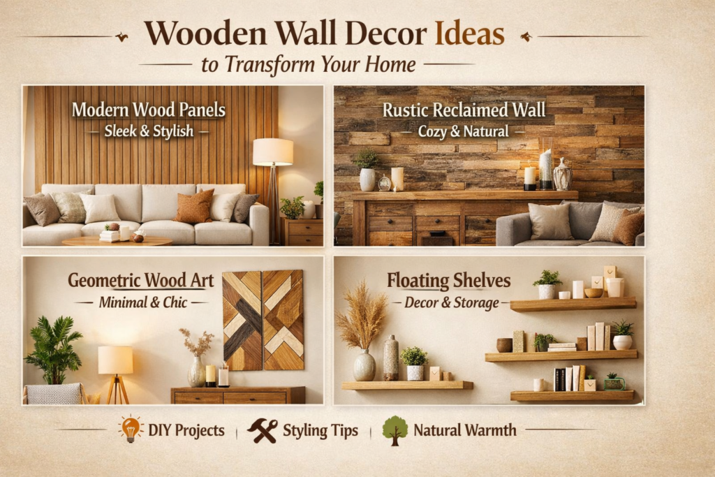 Wooden wall decor infographic showing modern panels, rustic feature walls, floating shelves, and stylish wooden wall ideas
