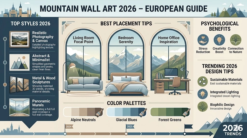 Infographic illustrating Mountain Wall Art 2026 trends, styles, placement tips, colors, and psychological benefits for European interiors.