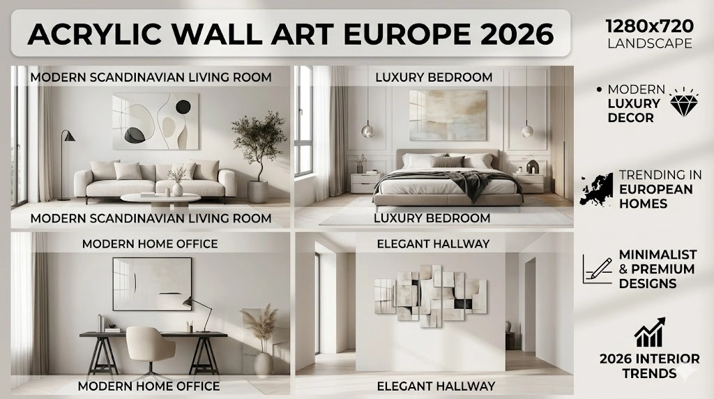 Acrylic wall art Europe 2026 modern luxury wall decor ideas for European living rooms bedrooms offices minimalist interiors
