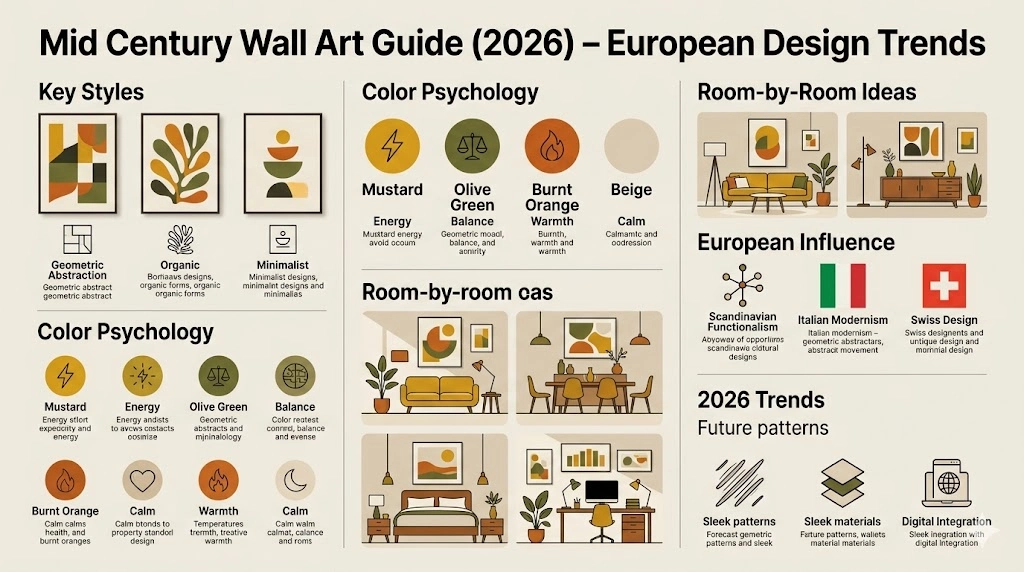 Mid Century Wall Art Guide 2026 infographic showing European design trends, Bauhaus styles, color psychology, and room-by-room styling ideas