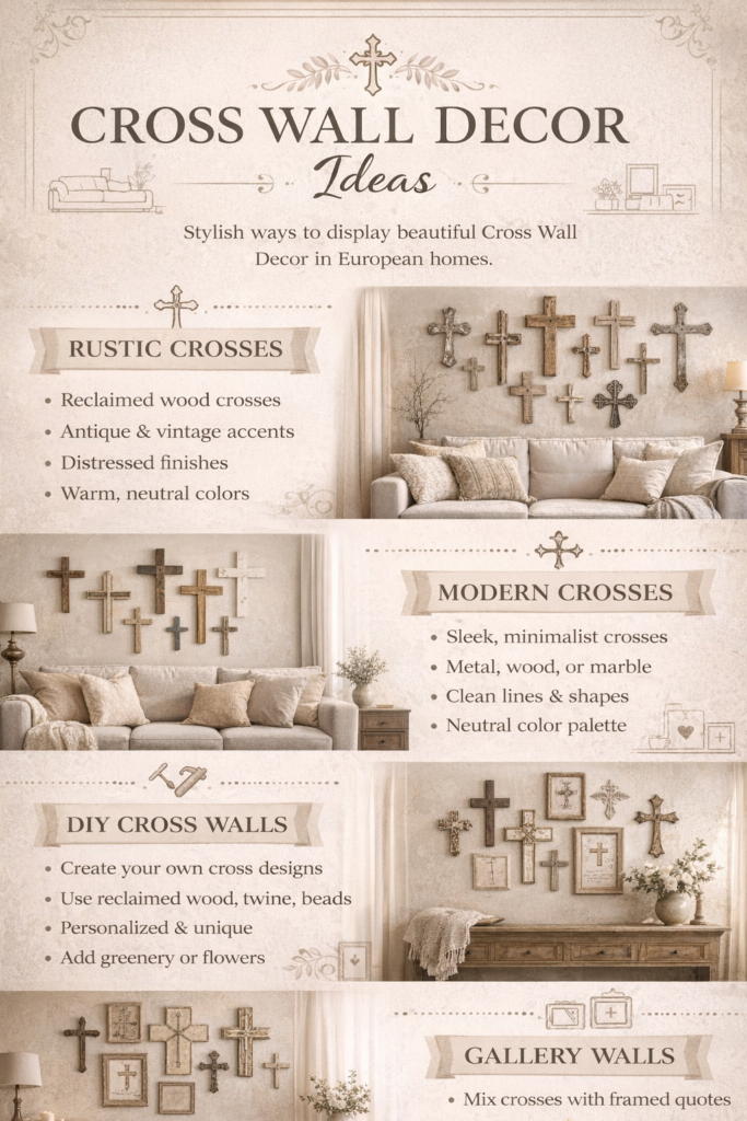 Infographic displaying cross wall decor ideas for European homes, including rustic, modern, DIY, and gallery wall styling tips
