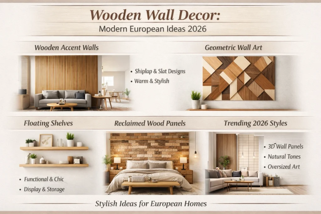Wooden wall decor infographic showing modern European ideas, accent walls, geometric wood art, floating shelves, and 2026 design trends
