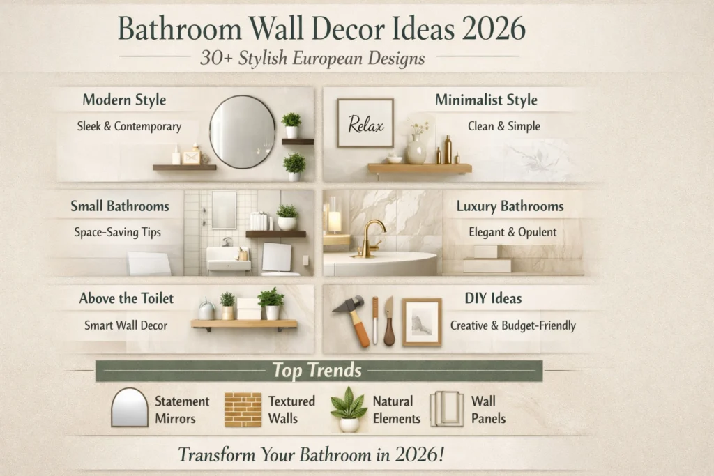 Infographic showing top 30+ European bathroom wall decor ideas for 2026, including modern, minimalist, luxury, and DIY wall styling tips.