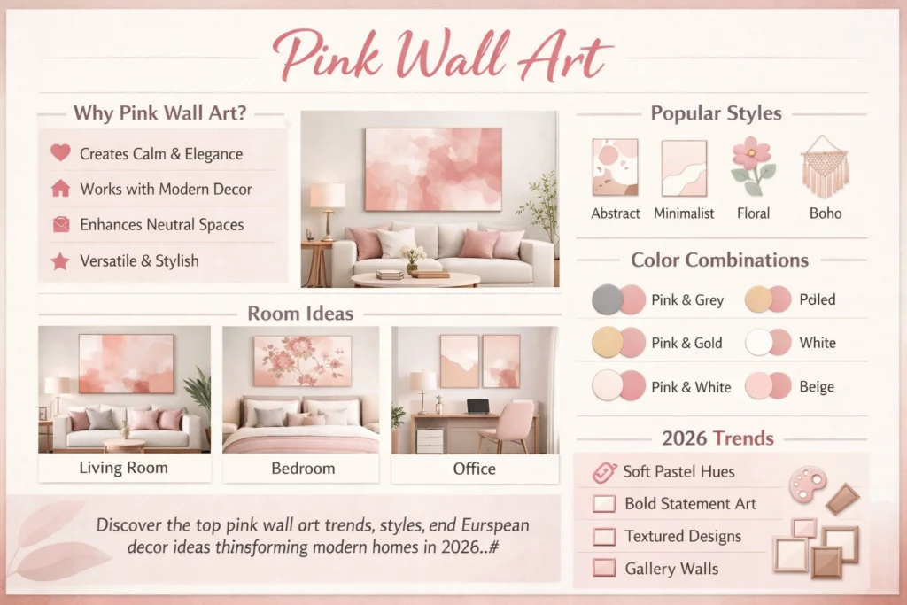  Pink wall art infographic showing European decor trends, styles, room ideas, and color combinations for modern homes in 2026
