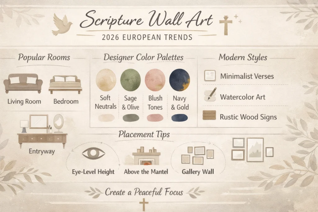 Infographic of 2026 European Scripture Wall Art trends, featuring modern designs, color palettes, and expert placement tips for faith-inspired homes.
