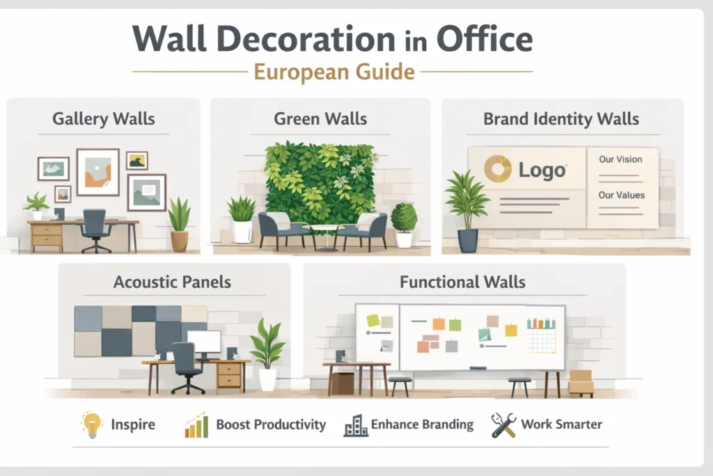 Wall decoration in office infographic showing European design ideas like gallery walls, green walls, brand walls, and productivity-focused workspace décor